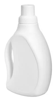 White detergent plastic bottle with measuring cap and cleaning liquid isolate Stock Photos