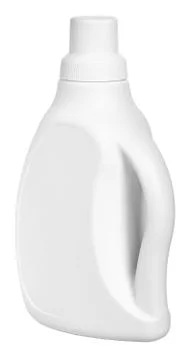 White detergent plastic bottle with measuring cap and cleaning liquid isolate Stock Photos