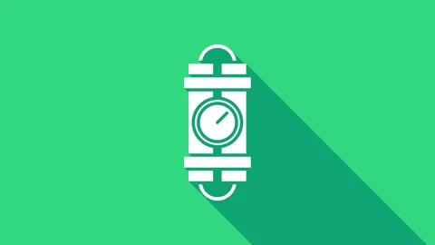 White Detonate dynamite bomb stick and timer clock icon isolated on green Stock Footage 146948545