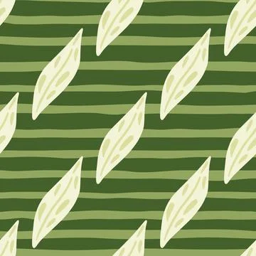 White diagonal leaf ornament seamless pattern in doodle style. Green striped  Stock Illustration