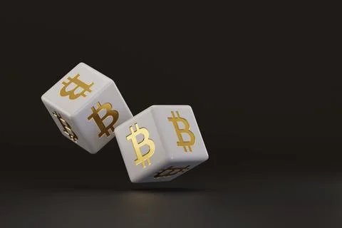 White dice with bitcoin sign with copy space. 3d illustration. Ilustração Stock
