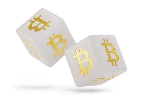 White dice with bitcoin sign isolated on white background. 3d illustration. Ilustração Stock