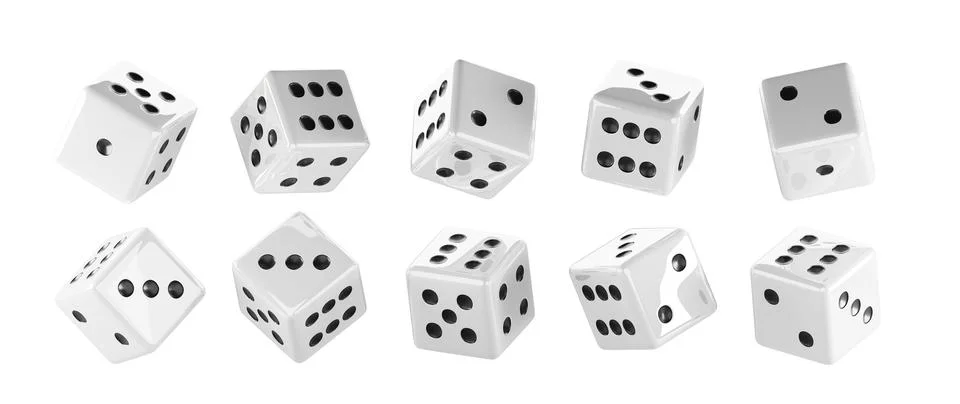 White dice isolated 3d render icons set. Realistic casino game cubes, poker Stock Illustration