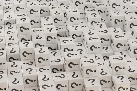 White dice with question marks background. 3d illustration. Photos