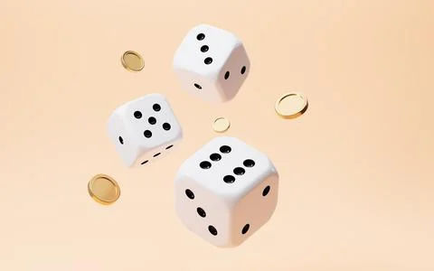 White dices with black dots set and splashing coins. Die for casino craps, .. Stock Photos