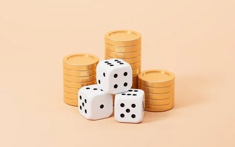 White dices with black dots set and coins. Pipped dices with rounded corner.. Stock Photos