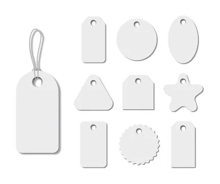 White different shape tags with strings isolated on white background. Vector Stock Illustration