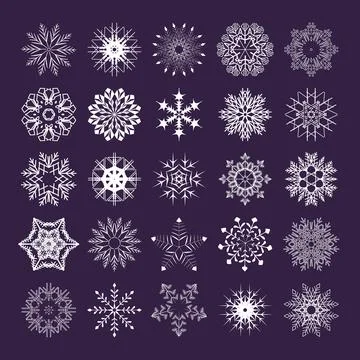 White different snowflakes collection. Vector isolated silhouette icons Stock Illustration