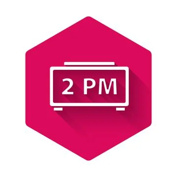 White Digital alarm clock icon isolated with long shadow. Electronic watch alarm Stock Illustration