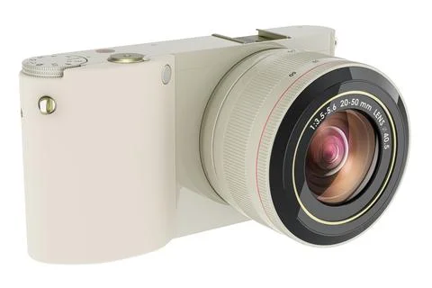 White digital camera, mirrorless interchangeable-lens camera. 3D rendering 스톡 일러스트