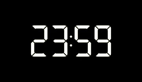 White digital clock showing time twelve minutes before midnight on black Stock Illustration