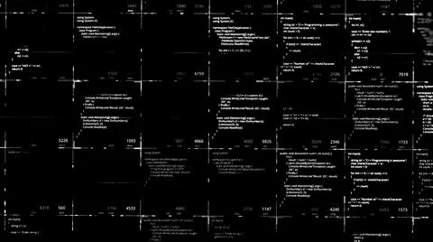 White digital codes in cells with numbers on black background. Animation. Lot of Illustrazione stock