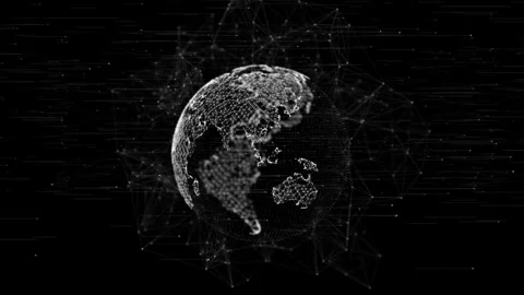 White digital earth network visual black background, glowing globe particles, an Stock Footage 340549496