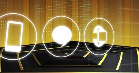 White digital media and data icons over moving hexagonal black podium and g.. Foto stock