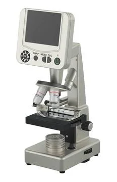 White Digital Microscope with black screen, 3D rendering White Digital Mic... Stock Photos