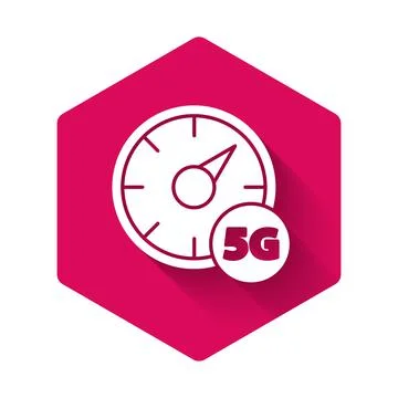 White Digital speed meter concept with 5G icon isolated with long shadow. Global Stock Illustration