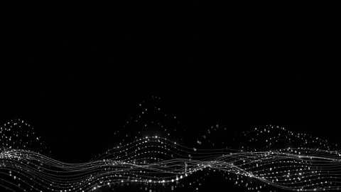 White digital wave on black flowing line mesh, glowing data dots, scattered bina Stock Footage 340456808