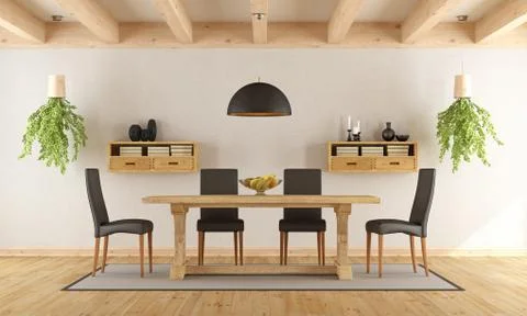 White dining room with rustic table Stock Illustration