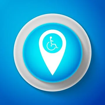White Disabled Handicap in map pointer icon isolated on blue background. Invalid 스톡 일러스트