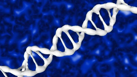 White DNA helix rotating in close-up with animated blue liquid background. Stock Footage 318732203