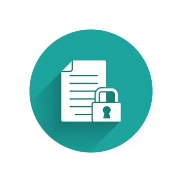 White Document and lock icon isolated with long shadow. File format and padlock Illustrazione stock