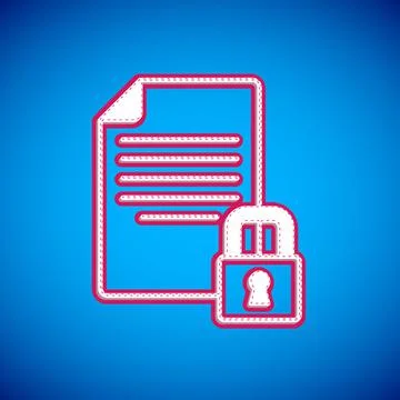 White Document and lock icon isolated on blue background. File format and pad Illustrazione stock