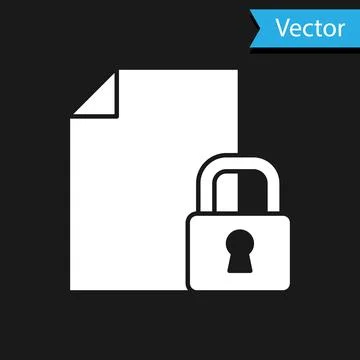 White Document and lock icon isolated on black background. File format and Illustrazione stock