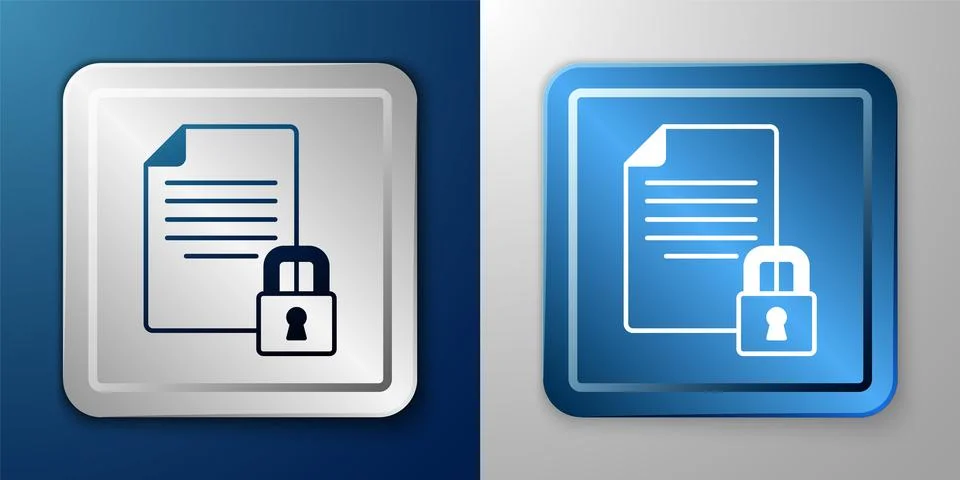 White Document and lock icon isolated on blue and grey background. File format Illustrazione stock
