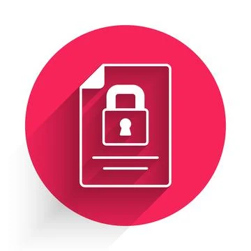 White Document and lock icon isolated with long shadow background. File for.. Stock Illustration