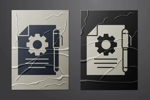 White Document settings with gears icon isolated on crumpled paper background Illustrazione stock