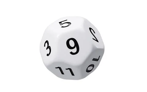 White dodecahedral dice with black numbers on it, 3d rendering. Stock Illustration