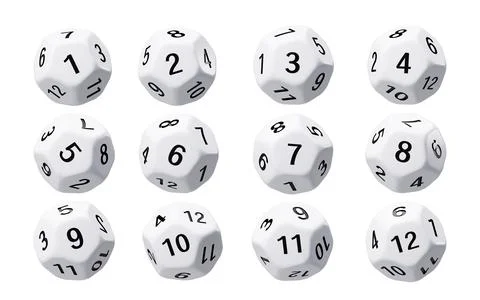 White dodecahedral dice with black numbers on it, 3d rendering. Stock Illustration