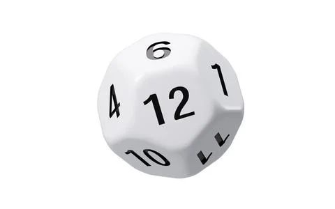 White dodecahedral dice with black numbers on it, 3d rendering. Stock Illustration