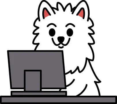 A white dog is sitting in front of a computer monitor Stock-Illustration