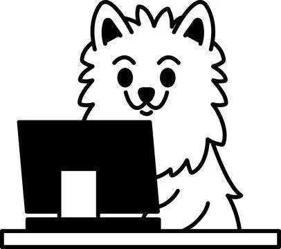 White dog is sitting in front of a computer monitor Illustrazione stock