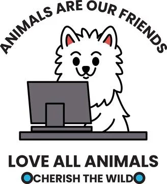 A white dog is sitting in front of a computer Stock Illustration