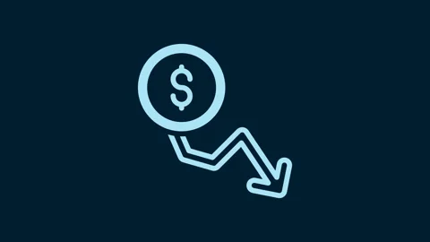 White Dollar rate decrease icon isolated on blue background. Cost reduction Stock Footage 229562122