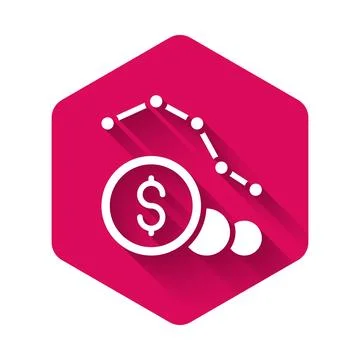 White Dollar rate decrease icon isolated with long shadow background. Cost .. Stockillustratie