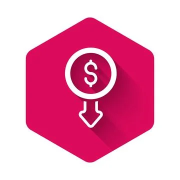 White Dollar rate decrease icon isolated with long shadow background. Cost .. Stock Illustration