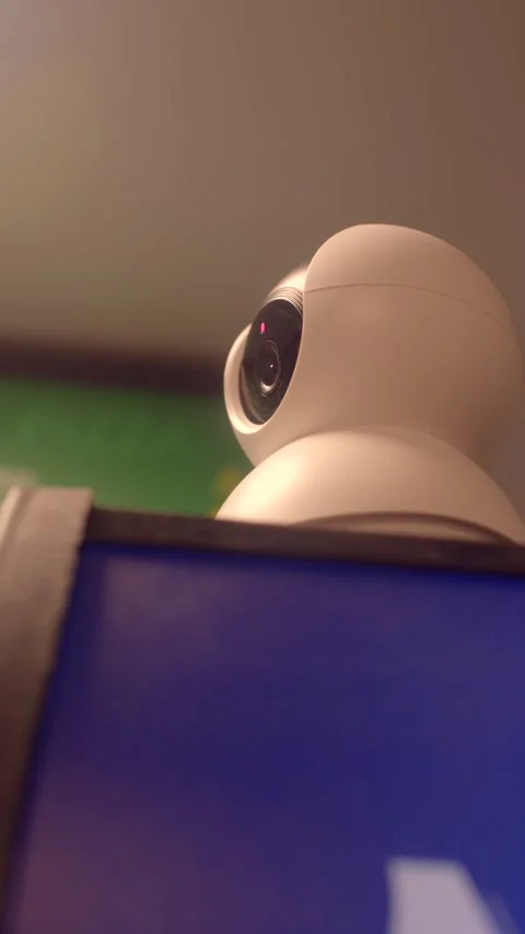 White dome security camera mounted above a blue sign in indoor public space Stock Footage 336533923