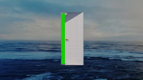 White door flying over an open ocean with beautiful clouds Stock Footage 246783905