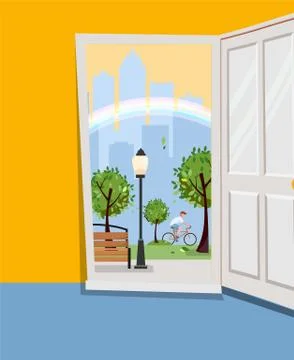 White door inside house with view of urban landscape.Outside park with green  Ilustración de archivo