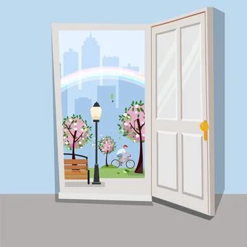 White door inside house with view of urban landscape.Outside blooming pink trees Stock Illustration