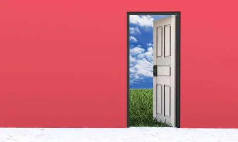 White door opened in grass to a nice sky background Illustrazione stock