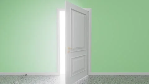White door opening on bright light in green room Stock Footage 310793918