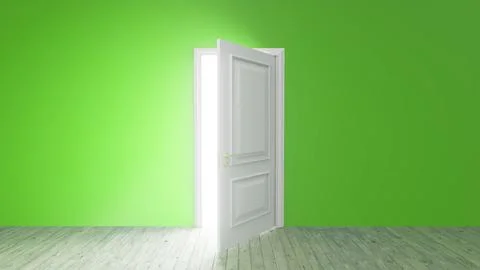 White door opening to bright light in green room Stock Illustration