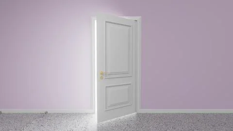 White door opening to bright light in purple room Ilustración de archivo