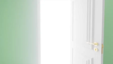 White door opening to bright light in green room Ilustración de archivo