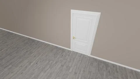 White door opening into empty room with wooden floor and brown wall Ilustración de archivo