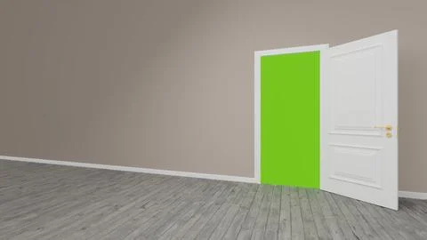 White door opening to green screen background in empty room Stock Illustration